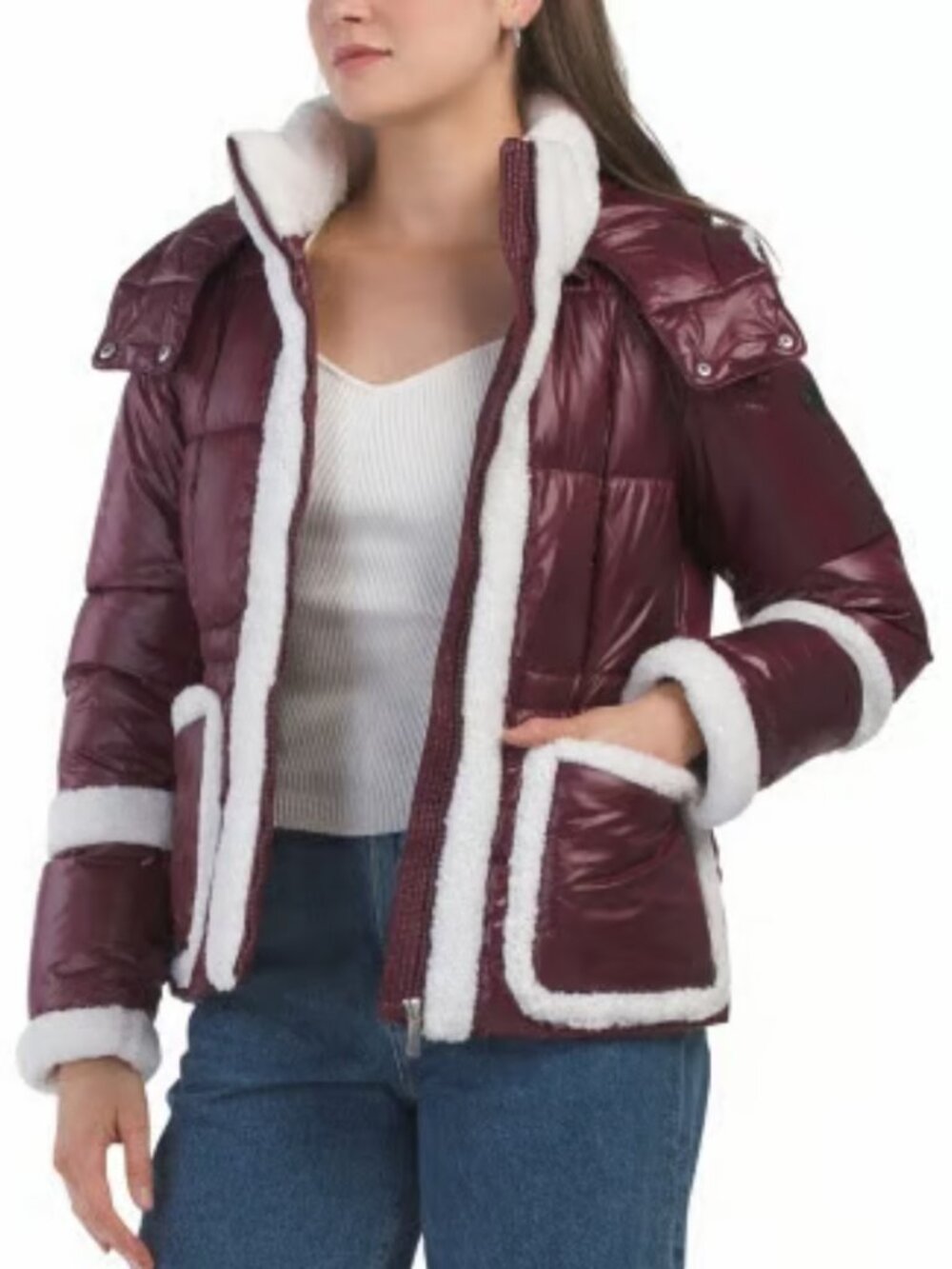 Women's French Connection Puffer Jacket with Sherpa Trim
